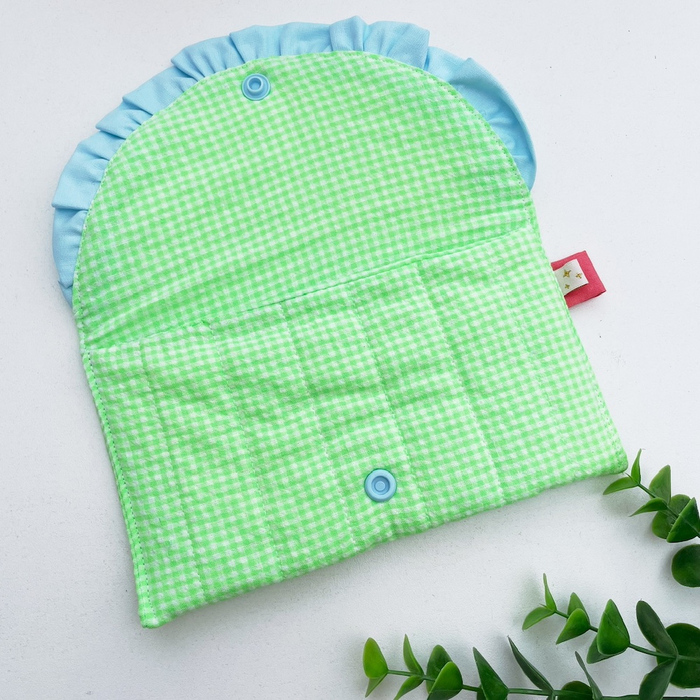 Zonnebril etui neongroen geruit blauw ruche